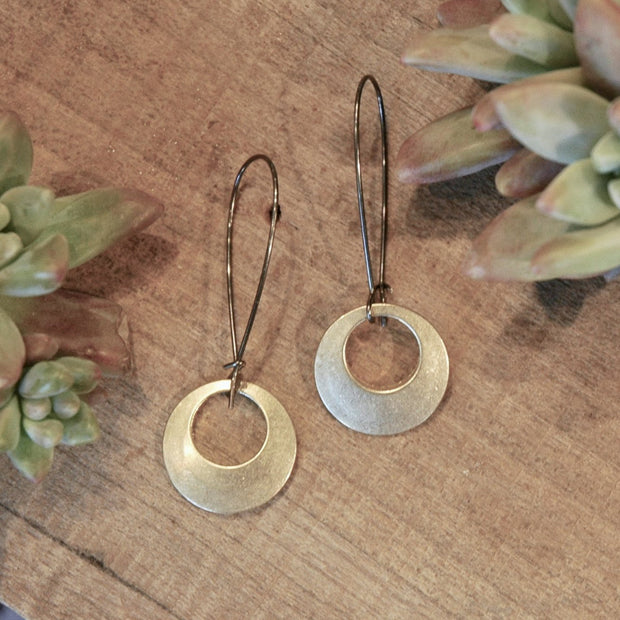 Brushed brass round pendants on antiqued brass earwires harlow jewelry handmade earrings