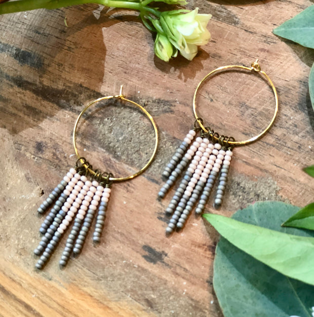 handmade Peach and gray beaded tassel earrings on gold plated earwires