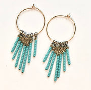 handmade Matte turquoise and brass tassel earrings on gold plated earwires