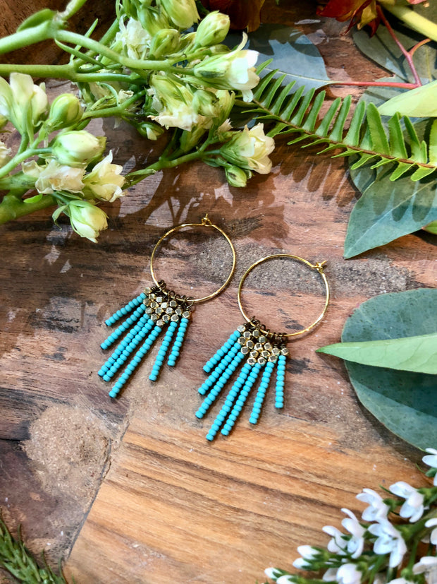handmade Matte turquoise and brass tassel earrings on gold plated earwires