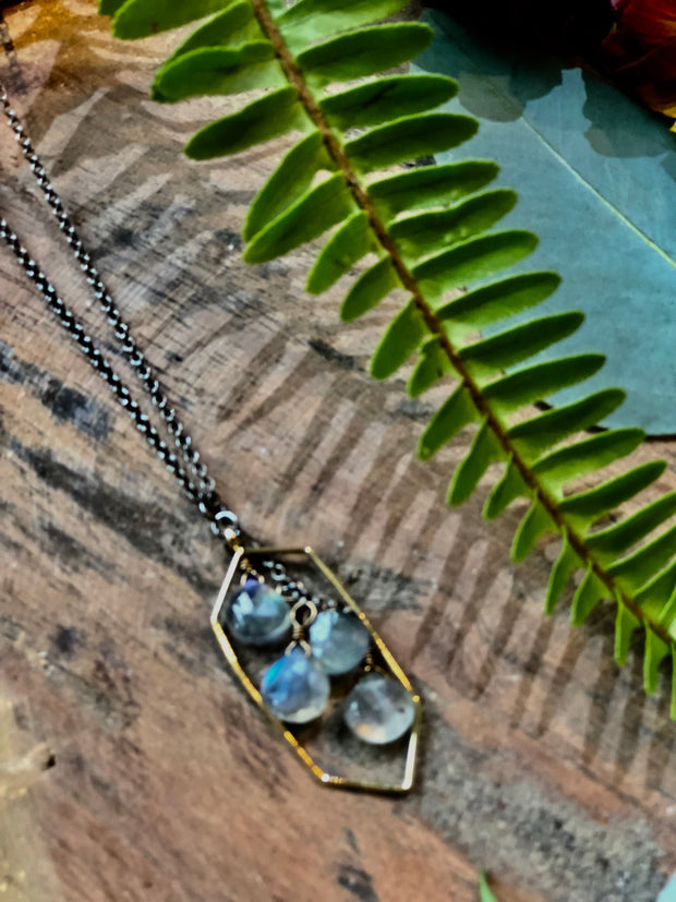 handmade Long hexagon pendant with labradorite cascade on a 16-18" adjustable antiqued necklace